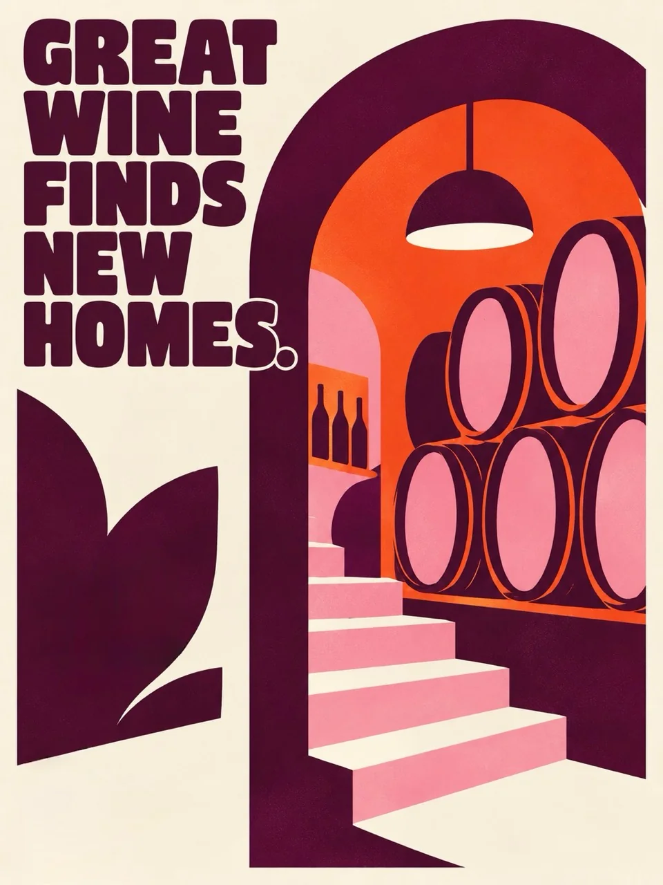 Great wine finds new homes. An illustrated wine cellar in pink and orange.