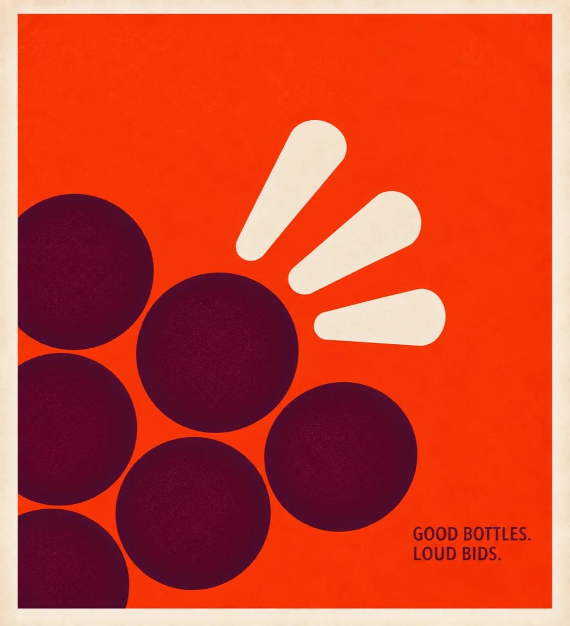 Good bottles. Loud bids. Burgundy grapes on an orange background.